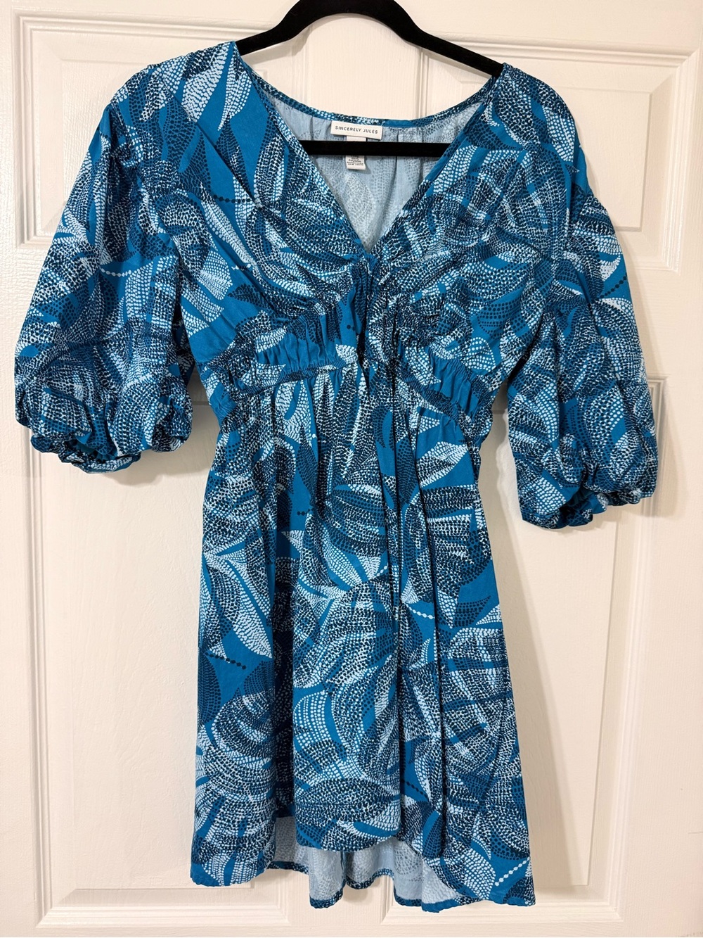 Blue Printed V-Neck Puff Sleeve Dress